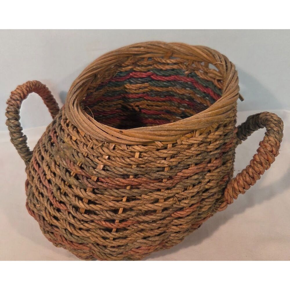 Vintage Woven Basket Planter Two Handle Rustic Boho Storage